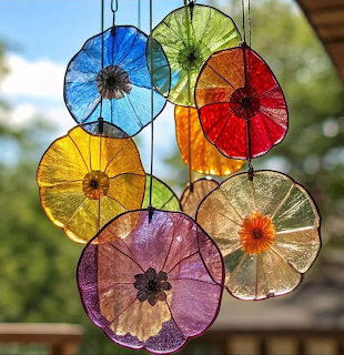 Colorful translucent circular hanging decorations outdoors with a blurred green background