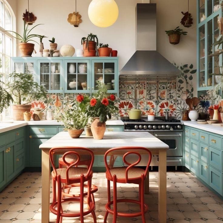 Turquoise kitchen with floral backsplash, white island, red chairs, plants and warm lighting