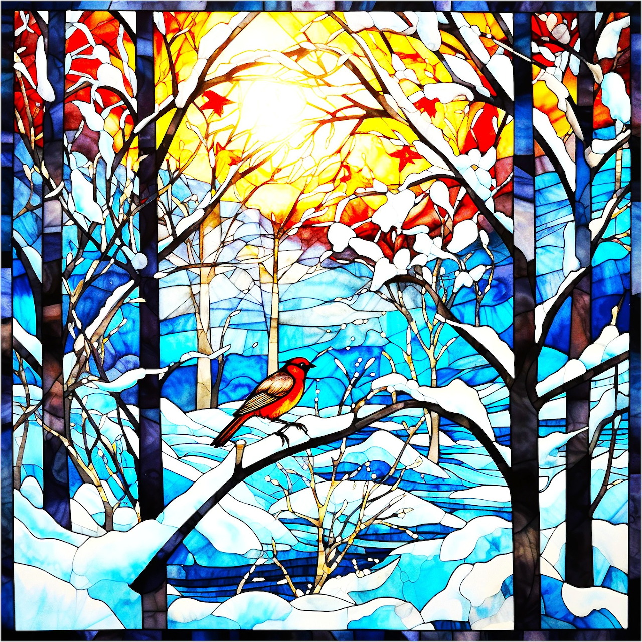 Stained glass winter scene with snowy trees, a red bird on a branch, and bright sun over blue water