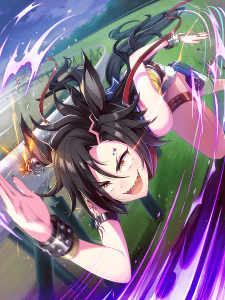 Anime girl with dark hair and horse ears leaping dynamically with colorful energy swirls