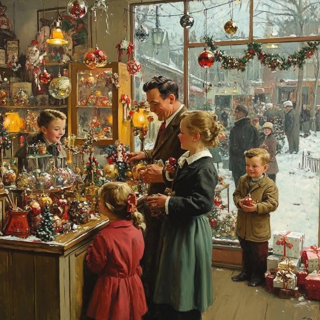 Victorian family in a Christmas ornament shop with festive decorations and snowy street scene visible outside