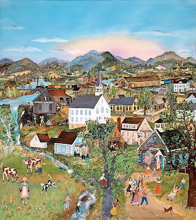 Folk art painting showing a village birthday party with houses, people celebrating, hills and sunset
