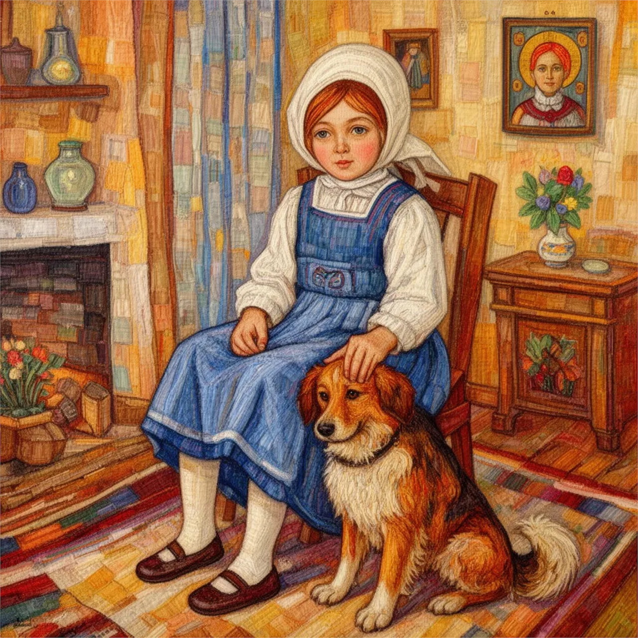 Young girl in peasant dress with white headscarf sitting beside collie dog in vintage living room