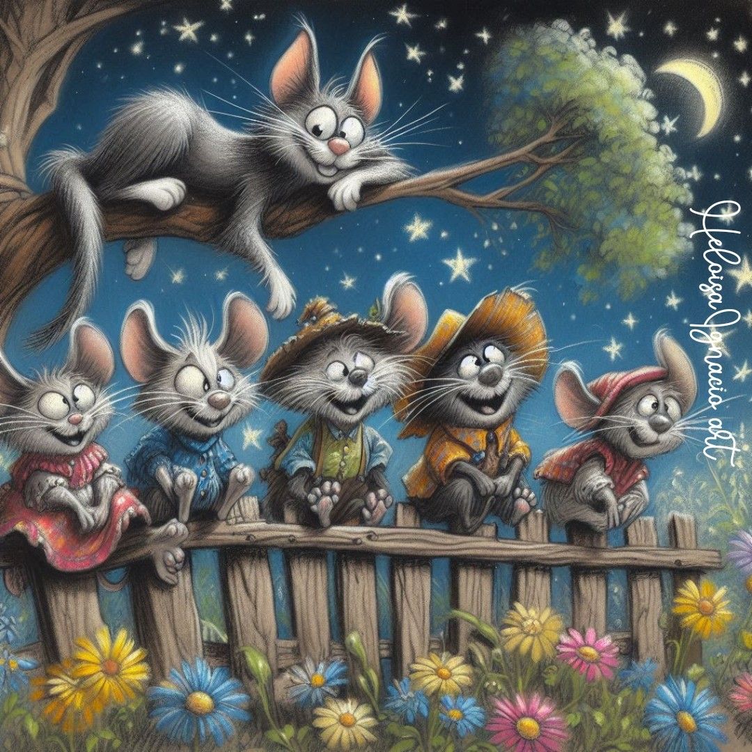 Cartoon mice on a fence at night with flowers, stars, a tree branch, and a crescent moon