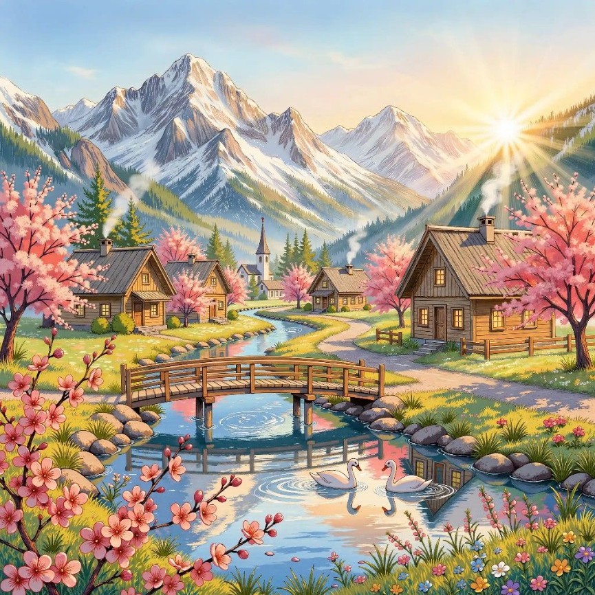 Mountain village with cottages, cherry blossoms, bridge, pond with koi fish, and snowy peaks at dawn
