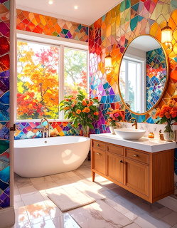 Bright colorful mosaic tiled bathroom with white bathtub, wooden vanity, round mirror, and autumn view window