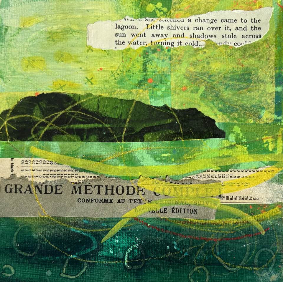 Abstract collage with green layers, vintage text, and dark landscape silhouette against textured background