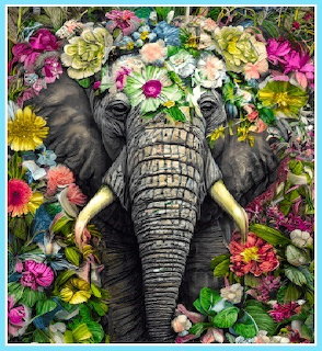 Elephant surrounded by colorful flowers and greenery in a vibrant artistic illustration