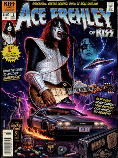 Comic-style illustration of Ace Frehley with guitar, a car, and a spaceship in a cosmic scene