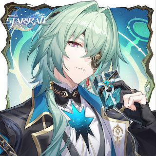 Anime character with mint-green hair holding a card against a glowing blue background