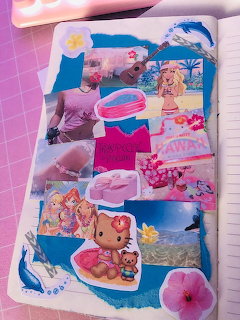 Open journal with tropical themed photo collage featuring beaches, flowers, teddy bears in pink and blue tones