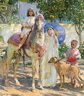 Impressionist painting of woman on white horse with figures and dogs under trees in Morocco by Sir John Lavery