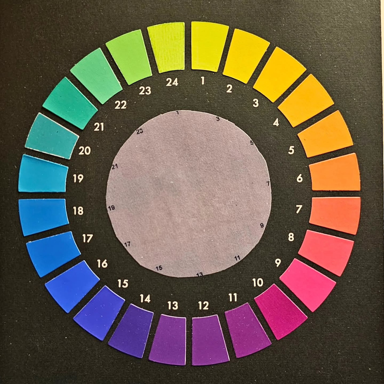 Circular color wheel with 24 numbered segments showing spectrum from yellow through green, blue, purple, red, pink