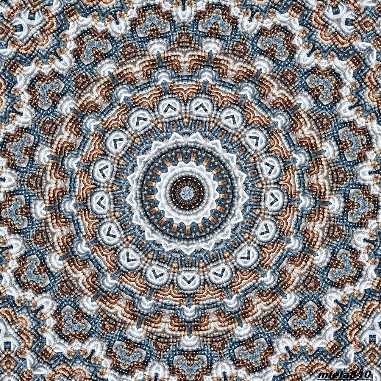 Detailed circular mandala with blue, brown and white geometric patterns in symmetrical radial design