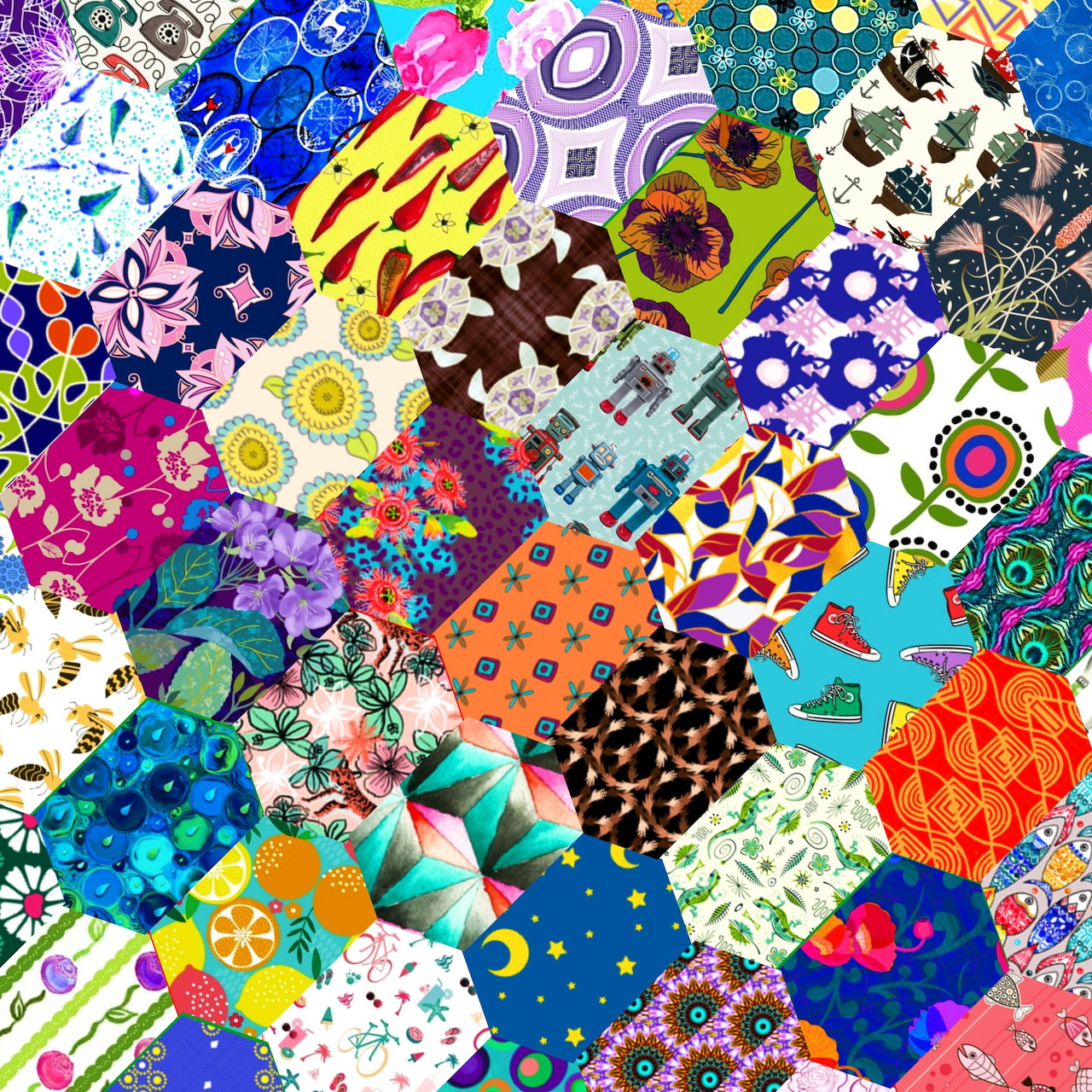 Colorful patchwork quilt pattern with mixed geometric, floral, and abstract designs in vibrant hues