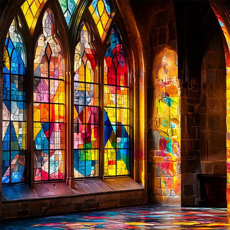 Colorful stained glass church windows with Gothic arches reflecting rainbow light on floor