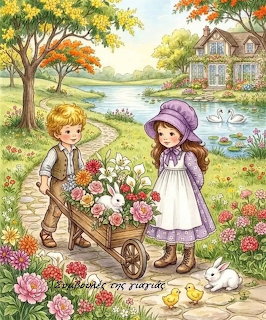 Two children in vintage clothing tending a flower garden with wheelbarrow near cottage and lake