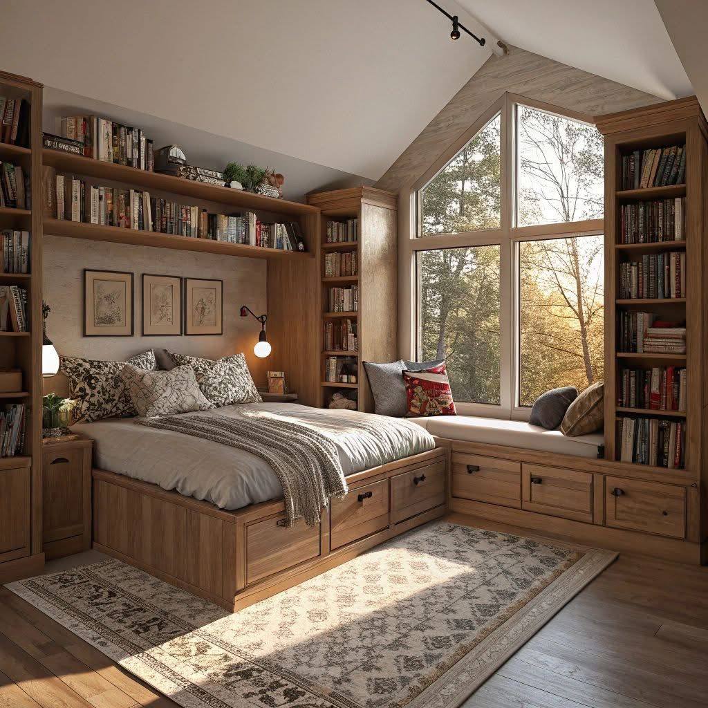 Cozy attic bedroom with wooden built-in bed, bookshelves, and large window with forest view