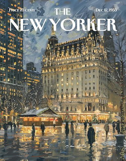 Snowy evening cityscape showing a grand illuminated hotel with people walking on wet streets