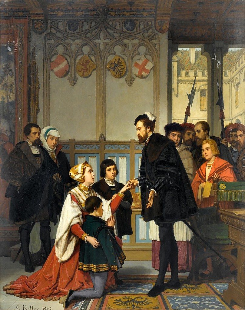 Historical painting showing elegantly dressed people in a grand hall with ornate decorations and period clothing