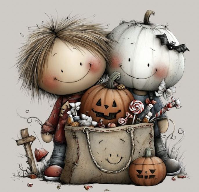 Watercolor illustration of two smiling children in Halloween costumes holding a basket of pumpkins and treats