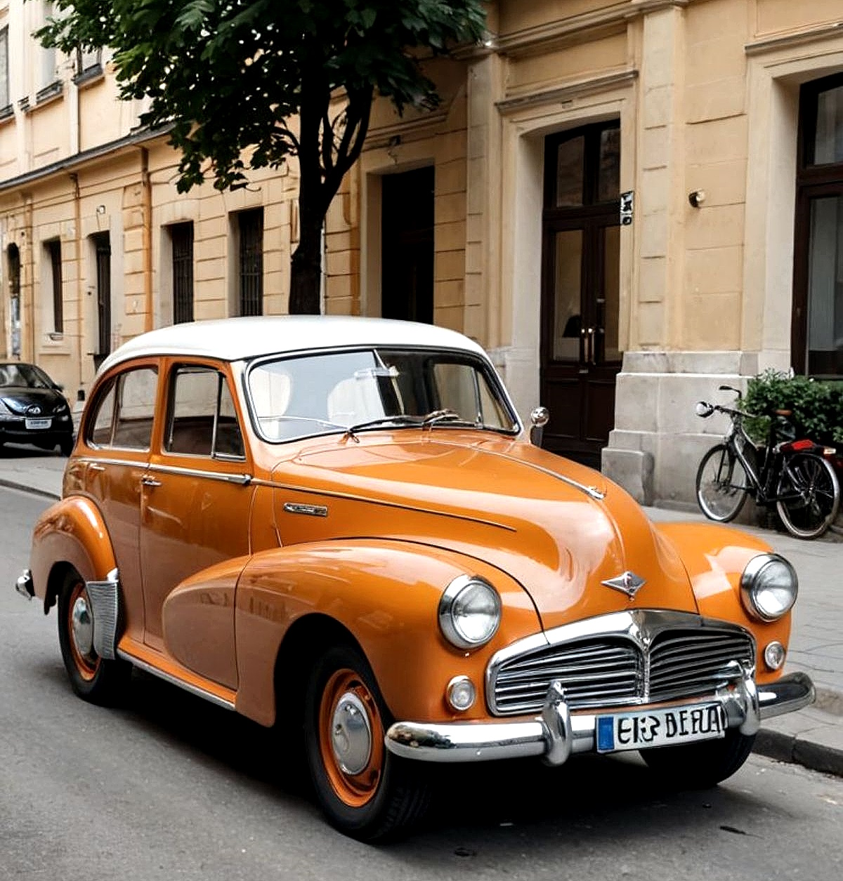 Orange Vintage Car on City Street