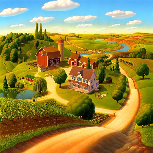 Colorful painting of a farm with red barn, house, river, and rolling hills