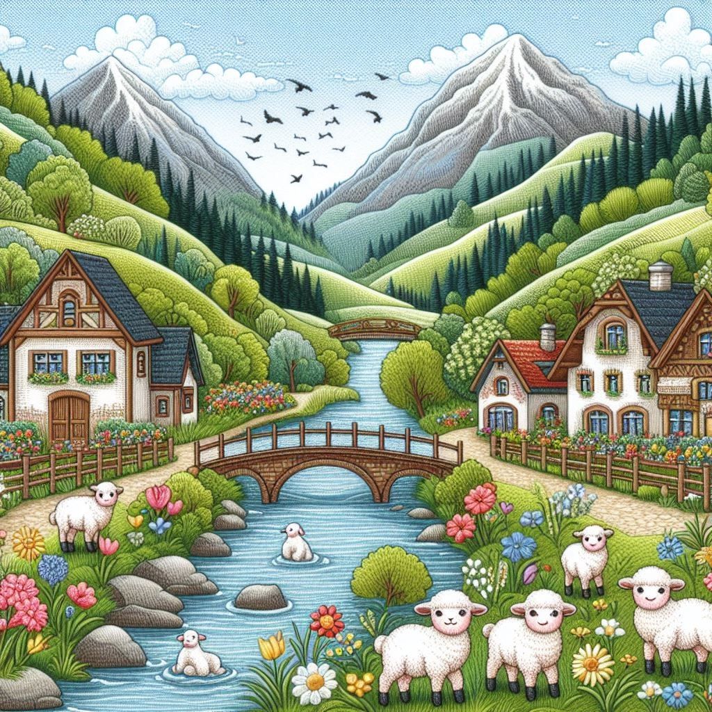 Illustrated alpine valley with cottages, stream, bridge, sheep, flowers, and snow-capped mountains under blue sky