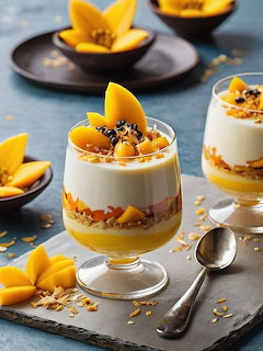 Layered yogurt parfait with mango and granola in glass cups