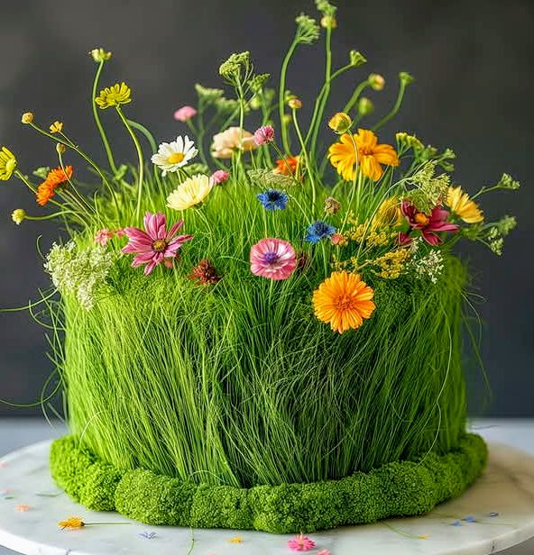 Round cake decorated with green grass frosting and colorful wildflowers on top