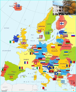 Colorful map of Europe with national flags placed on each country