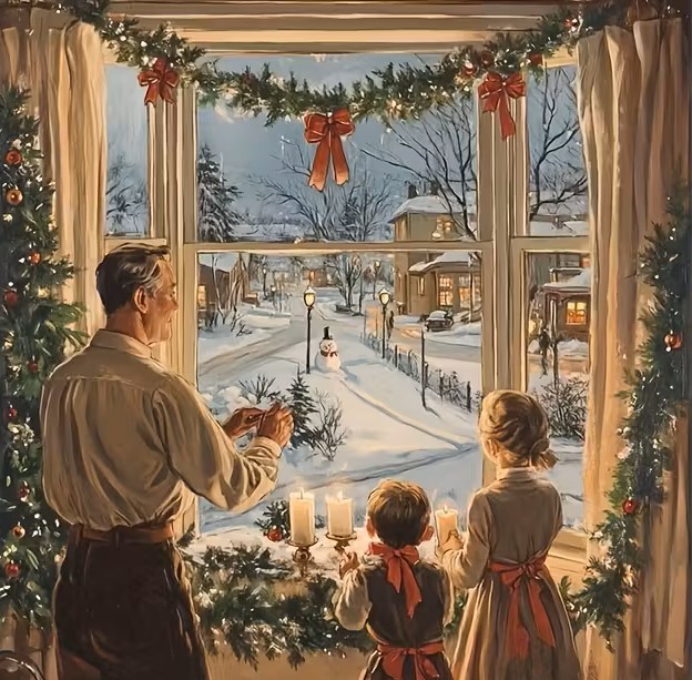 Painting of a family by a decorated window looking onto a snowy Christmas village scene
