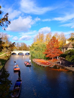 Punting boats on the River Cam in Cambridge with autumn trees and a stone arch bridge