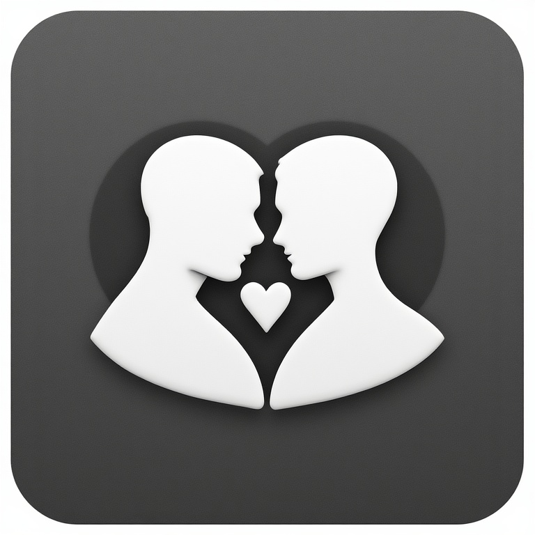 White icon showing two facing human profiles with a heart between them on a dark square background