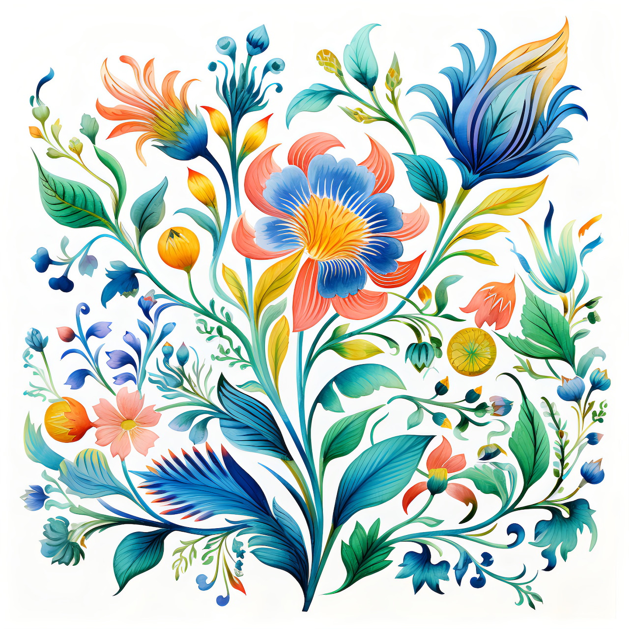 Colorful floral illustration with stylized flowers, leaves, berries, and decorative stems on white