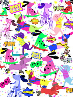 Colorful cartoon dogs in a playful pattern with skateboards, bikes, and comic-style text on pink background