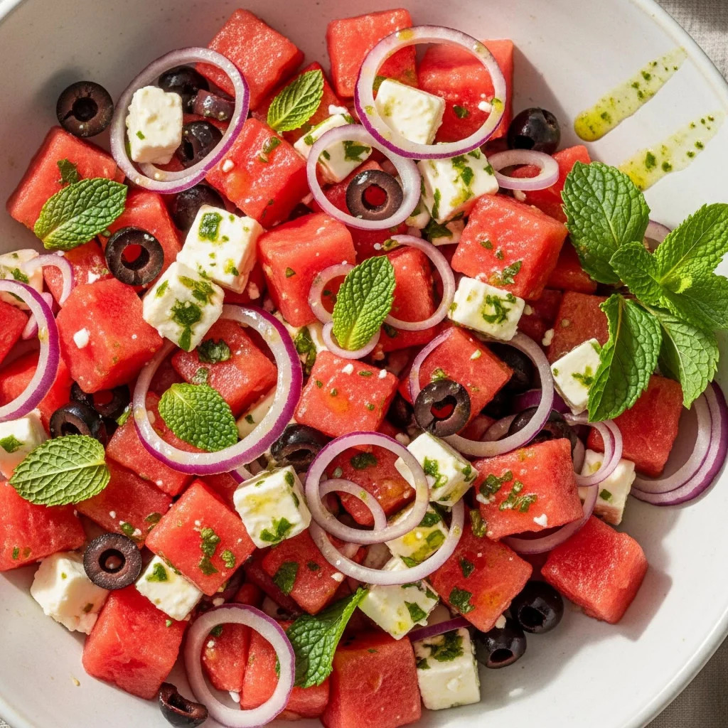 Watermelon feta salad with olives, onions, and mint on white plate