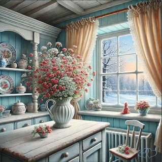Rustic kitchen interior with red flowers in vase, blue shelves with plates, snowy window view