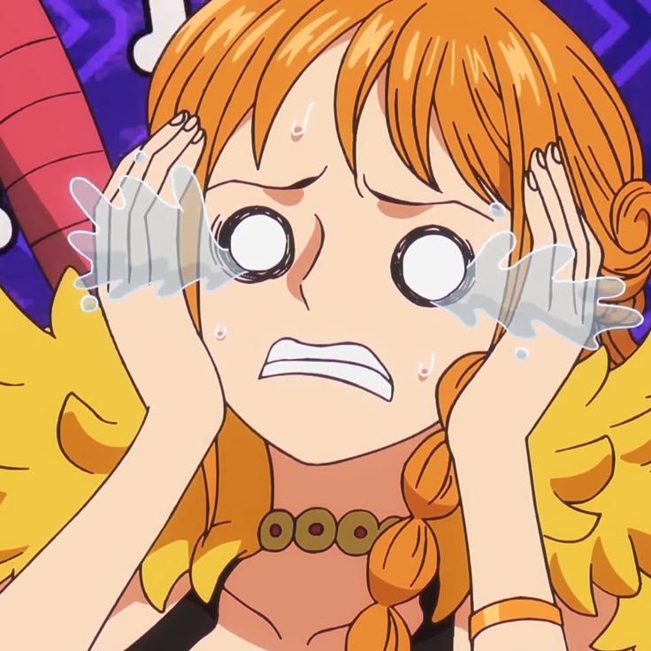 Anime character Nami with hands on face showing shocked expression, orange hair and yellow clothing against rainbow backdrop