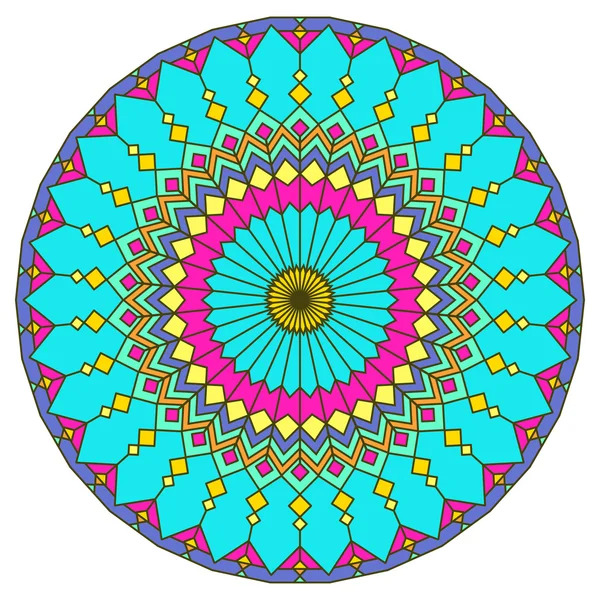 Colorful mandala with geometric patterns radiating from center in cyan, magenta, yellow and blue