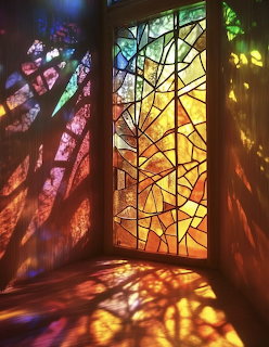Stained glass window casting colorful light patterns on walls and floor of a room