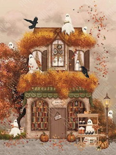 Whimsical two-story cottage covered in orange leaves with white ghost decorations and Halloween pumpkins
