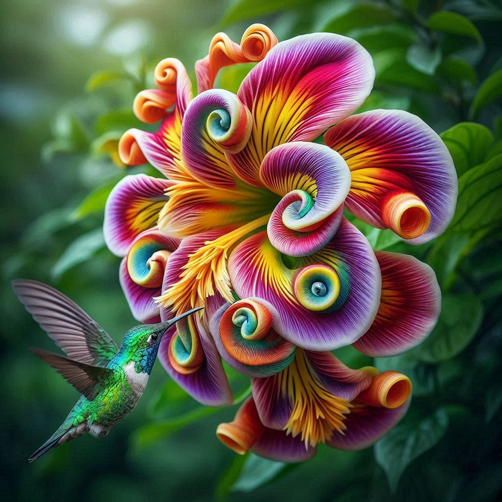 Colorful spiral-petaled fantasy flower with a hummingbird in a green garden setting