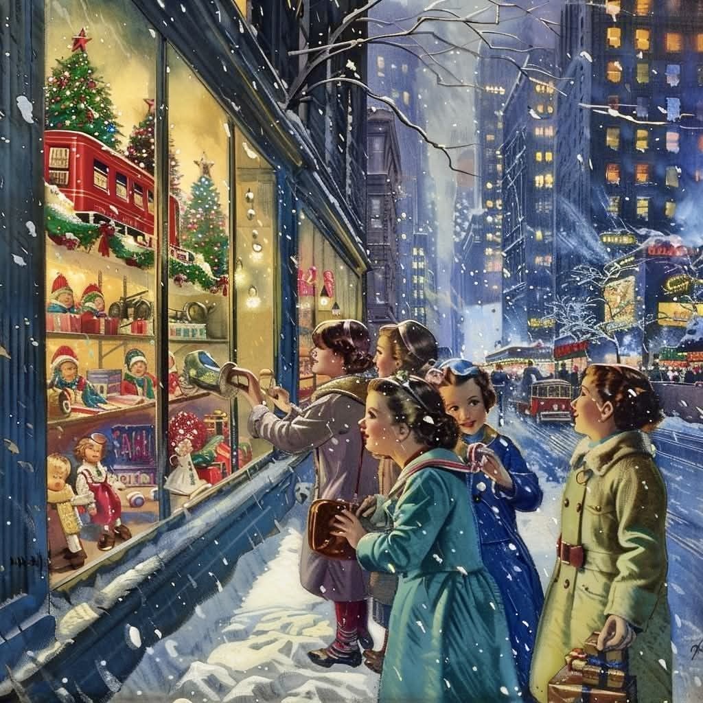 Family looking at illuminated Christmas toy store window on snowy evening street with decorated trees and city buildings