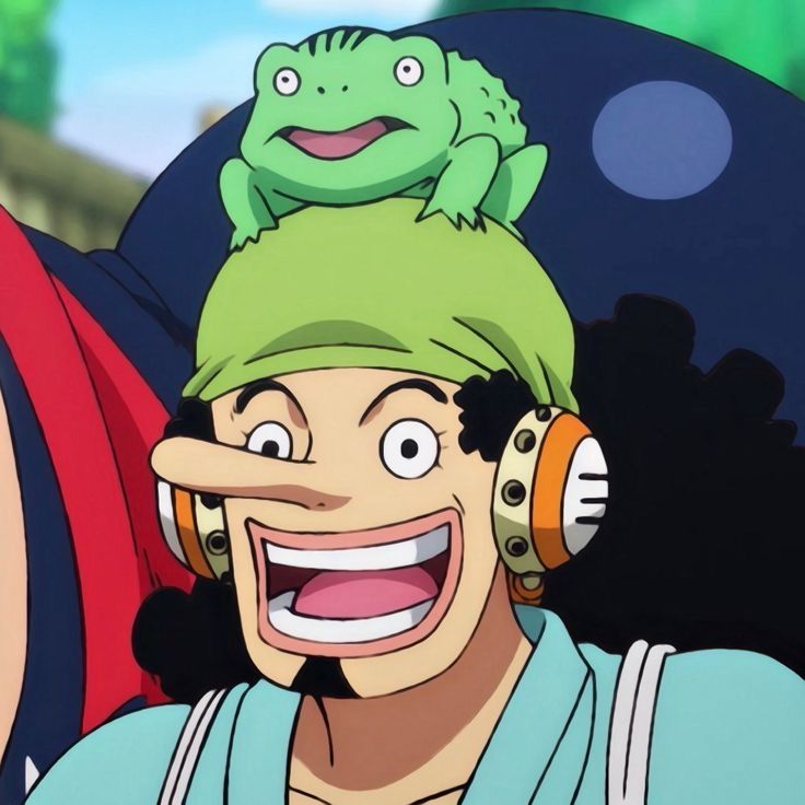 Usopp from One Piece anime smiling with a frog on his head
