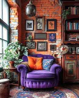 Purple velvet armchair with orange and blue cushions in a cozy brick-walled room with plants and artwork