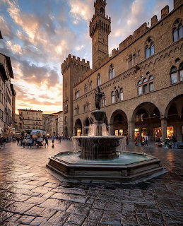 Stone fountain in a historic Italian piazza with Palazzo Vecchio tower and medieval buildings at sunset