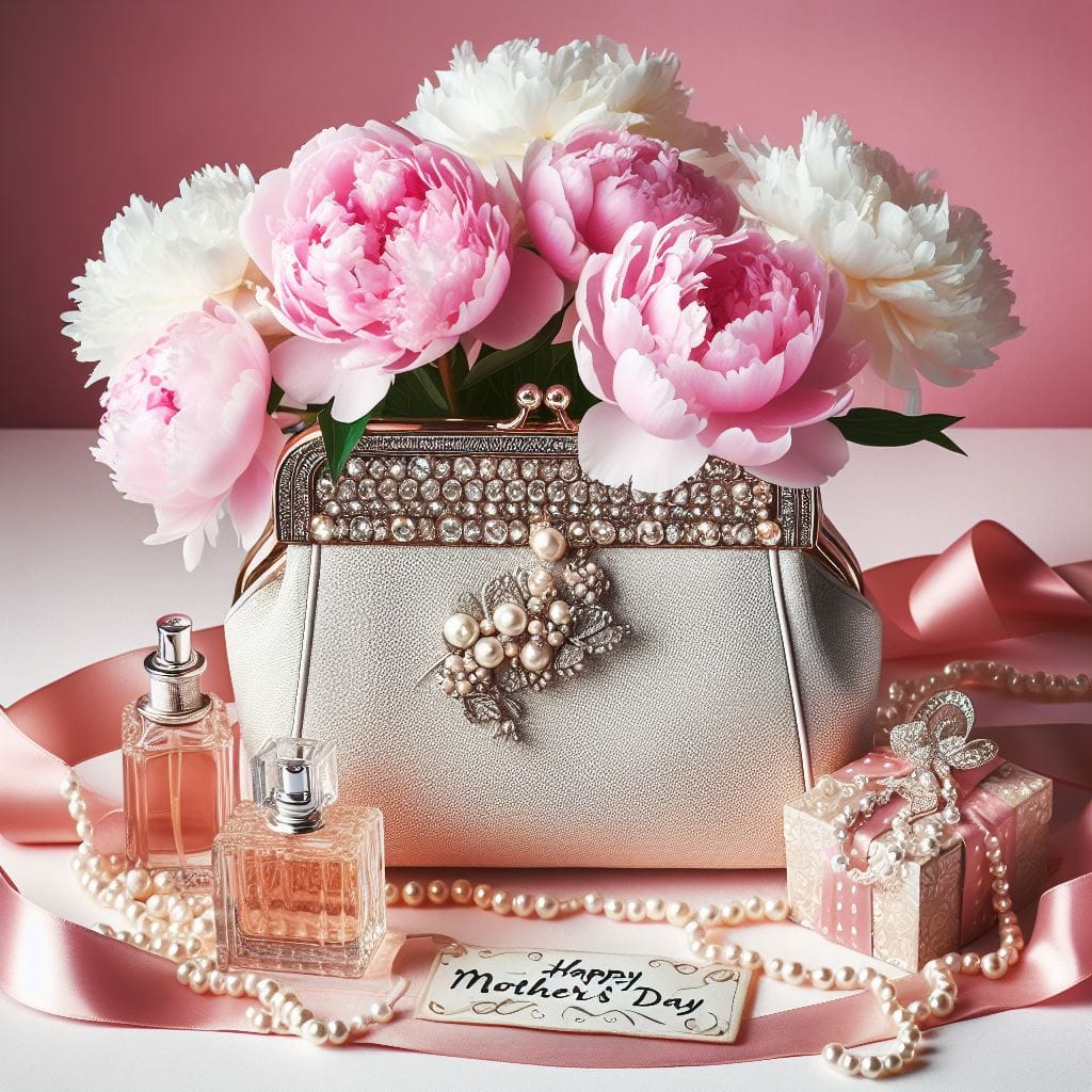 Pink peonies in vase with vintage perfume bottles, pearls, and luxury accessories on pink surface
