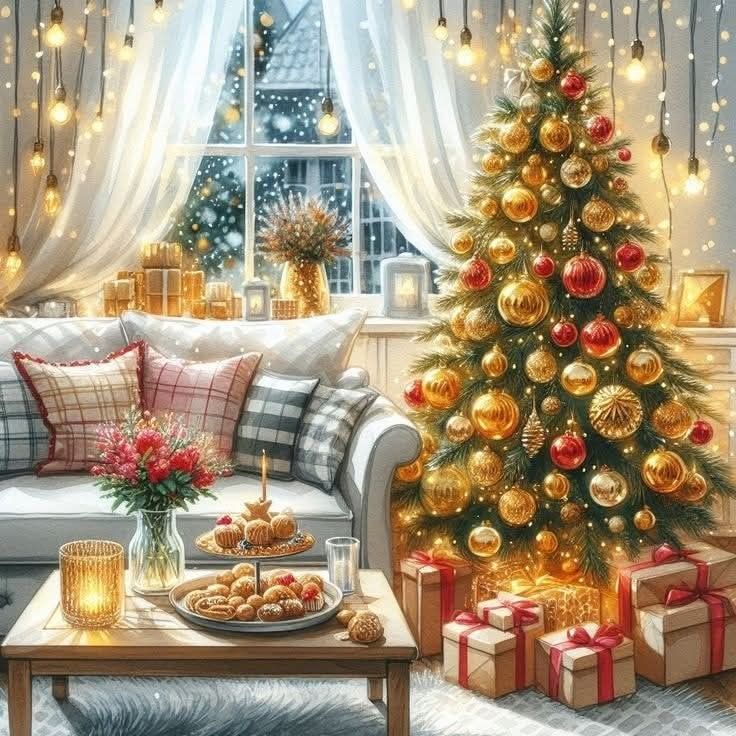 Christmas tree with ornaments in cozy living room with white sofa, gifts, candles, and snowy window view