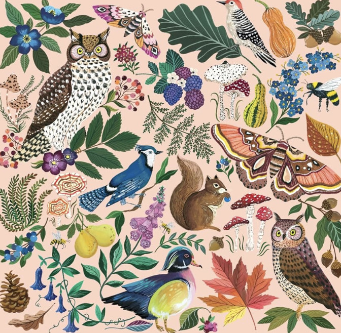 Folk art illustration with birds, animals, flowers and foliage on pink background